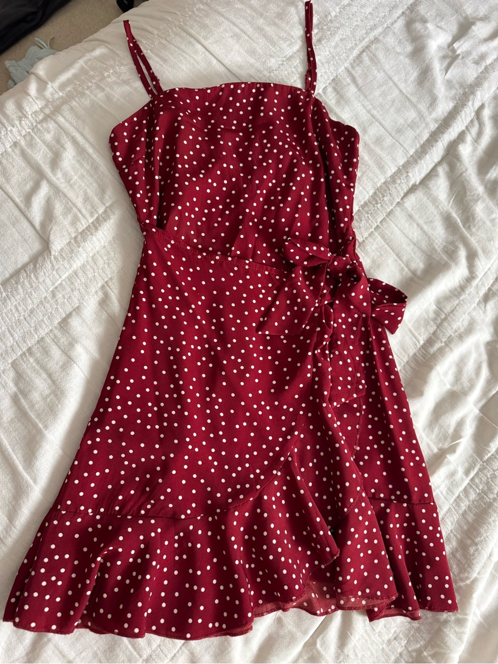 Princess Polly Red Wine Polka Dot Wrap Mini Dress